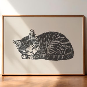 Impresión de gatito durmiendo, impresión de gato vintage, arte mural retro de gato, póster imprimible de gato, regalo para amantes de los gatos, impresión de gato antiguo, arte mural bohemio con animales