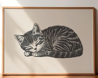 Sleeping Kitty print, vintage kat print, retro kat kunst aan de muur, kat afdrukbare poster, kattenliefhebber cadeau, antieke kat print, dierlijke boho kunst aan de muur