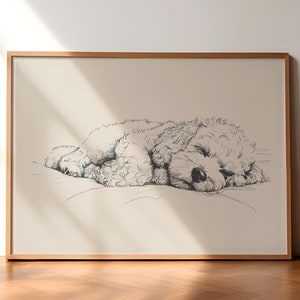 Schlafen Goldendoodle Vintage Poster, Kindergarten Hund Druck, Hund Wand Kunst Dekor, Antike Vintage Malerei, Hund Zeichnung, Goldendoodle Art