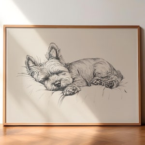 Schlafender Yorkie-Druck, Hund Vintage-Poster, Yorkie-Wandkunst, Antike Vintage Malerei, Hundezeichnung Wand-Dekor, Bauernhaus-Druck, Yorkie-Skizze