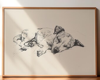 Lámina vintage de Jack Russell durmiendo, arte mural de perros, lámina vintage antigua, arte mural campestre, dibujo de perros, lámina retro de perros, arte de Jack Russell