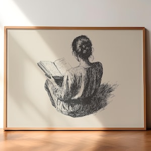 Impressão de leitura vintage, impressão de menina com um livro, pôster de mulher antiga, impressões de academia escura, impressão de mulher vintage lendo, impressões de livros