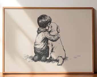 Jongen en een hond vintage print, hond vintage kunst, antieke vintage schilderij, boerderij muur decor, land muur kunst, hond tekening, hond kunst aan de muur