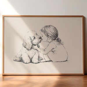 Goldendoodle and Girl Poster, Dog Vintage Art, Retro Puppy Painting, Nursery Wall Decor, Baby Room Wall Art, Dog Drawing, Dog Painting