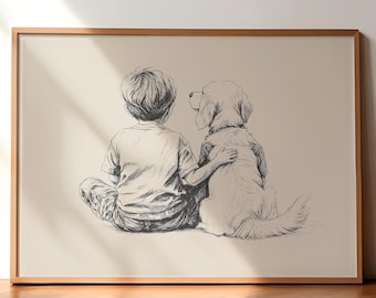 Dog with Boy Sketch Art, Golden Retriever Nursery Print, Dog Vintage Drawing, Kids Room Retro Art, Neutral Dog Wall Decor, Boys Room Decor