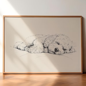 Sleeping Goldendoodle Vintage Print, Dog Vintage Poster, Dog Wall Art Decor, Antique Vintage Painting, Dog Drawing, Goldendoodle  Art