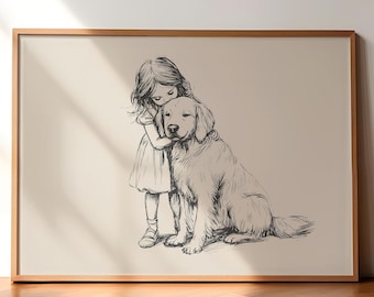 Girl and Golden Retriever Print, Vintage Nursery Wall Art, PRINTED AND SHIPPED
