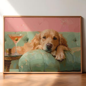 ゴールデンレトリバーのマキシマリストプリント、レトロな動物のアートワークポスター、犬のウォールアート、アンティークヴィンテージ絵画、ゴールデンレトリバーのイラストアート