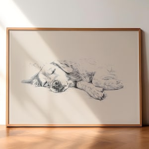 Impresión de golden retriever, impresión vintage de perro, arte mural de perro durmiendo, pintura vintage antigua, arte mural campestre, dibujo de perro, impresión de granja