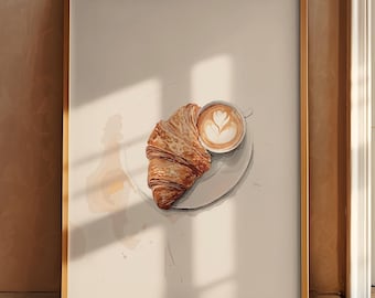 Croissant and Coffee Art, Breakfast Vintage Print, Breakfast Wall Art, Kitchen Trendy Poster, Farmhouse Kitchen Posters, Retro Kitchen Decor