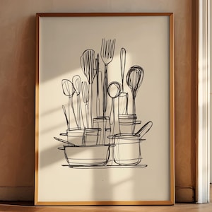 May include: A black and white line drawing of kitchen utensils, including spoons, spatulas, and forks, in a framed print. The utensils are arranged in a vertical stack, with the handles at the top and the tips of the utensils at the bottom. The utensils are in a variety of sizes and shapes.