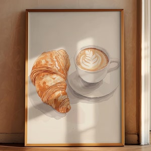 Stampa vintage di croissant e caffè: arte da cucina retrò (download digitale)