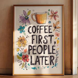 Plakat Coffee First, Dekoracja dla miłośników kawy, Wydruk w stylu retro do kuchni, Rysunek kawy, Estetyczna kuchnia, Modny plakat do kawiarni, Wystrój vintage