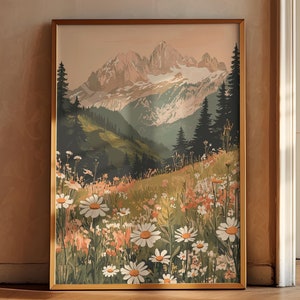 Midcentury moderne Wandkunst, Boho Blumendruck, Berg Sonnenuntergang Zeichnung, Wildblumen Landschaft Poster, Boho Blumen Schlafzimmer Dekor