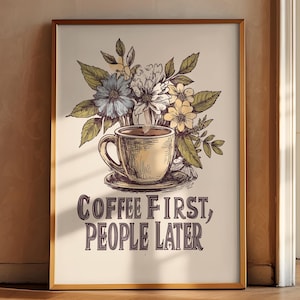Coffee First, Retro Kitchen Print, Rysunek kawy, Dekoracja dla miłośników kawy, Estetyczna dekoracja ścienna, Modny nadruk w kawiarni, Wystrój w stylu vintage
