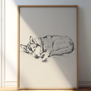 Husky Vintage Print, Dog Retro Poster, Dog Wall Art, Antique Vintage Drawing, Country Wall Art, Dog Painting, Sleeping Husky Poster Art
