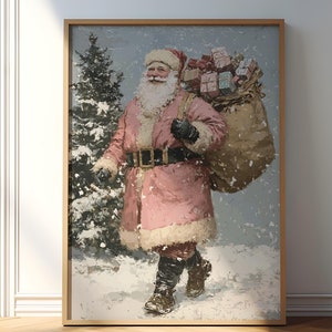 Vintage Santa Claus, Pink Xmas Print, Rustic Santa Art, Santa Painting, Santa Oil Poster, Christmas Wall Decor, Farmhouse Christmas Drawing
