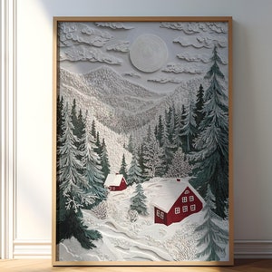 Lámina artística de paisaje invernal navideño, decoración rústica de estilo folclórico (descarga digital)
