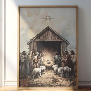 Impresión del nacimiento del niño Jesús en la escena de la natividad, arte navideño vintage, póster de acuarela de invierno, arte cristiano para pared, obra de arte cristiana imprimible