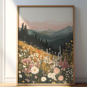 Pôster de pôr do sol na montanha, impressão de paisagem de flores silvestres, arte de parede moderna de meados do século, arte floral artística boho, decoração de sala de estar, desenho de flores