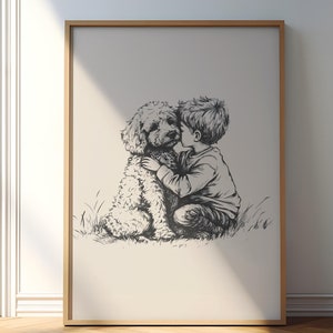 Könnte beinhalten: Eine Schwarzweißillustration eines Jungen, der einen Hund umarmt. Der Junge trägt ein Hemd und eine Hose. Der Hund ist ein Pudel mit lockigem Fell. Das Bild ist vor einem weißen Hintergrund.