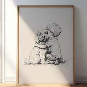 Boy with Goldendoodle Art, Dog Vintage Poster, Nursery Retro Painting, Dog Drawing, Dog Wall Art, Doodle Puppy Wall Decor, Baby Room Print