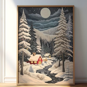 Lámina artística de pueblo navideño, ilustración de casa de campo invernal (descarga digital)