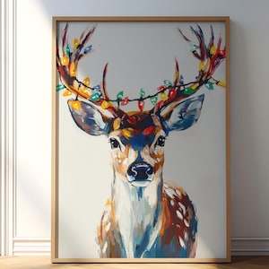 Impresión artística de reno navideño, pintura al óleo de reno, impresión de ciervo, póster de reno navideño, decoración de pared de invierno, arte de granja, imprimible navideño