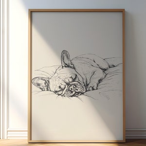 Französische Bulldogge Zeichnung, schlafender Frenchie Druck, Hund Wandkunst, Haustier Vintage Malerei, Hundezeichnung, Vintage Hund Illustration Wandkunst