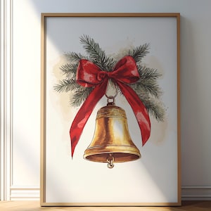 Gold Jingle Bells Christmas Print, Moody Holiday Decor, Vintage Christmas Bells, Antique Christmas Painting, Christmas Art Illustration