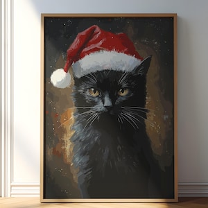 クリスマス黒猫、猫のクリスマスの絵、ホリデープリント、猫の絵画、ヴィンテージ猫のポスター、クリスマス猫の壁アート、サンタ猫のアートワーク、クリスマスギフト