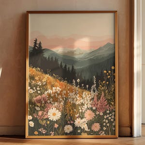 Arte paesaggistica con fiori selvatici, stampa di tramonti in montagna, arte murale moderna di metà secolo, arte floreale artistica boho, arredamento per soggiorno, disegno di fiori boho