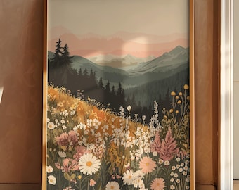 野花の風景画、山の夕日のプリント、ミッドセンチュリーモダンウォールアート、ボヘミアンの芸術的な花のアート、リビングルームの装飾、ボヘミアンの花の絵