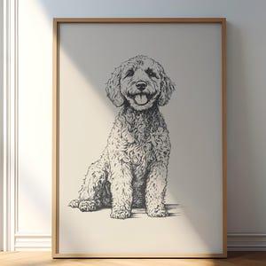 Smiling Goldendoodle Vintage Sketch, Dog Rero Print, Nursery Wall Art Decor, Country Wall Art Poster, Pet Drawing, Farmhouse Illustration