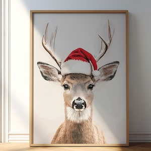 Impresión de reno navideño, póster de ciervo, arte de pared de invierno, decoración de granja, decoración festiva navideña, descarga digital, decoración navideña imprimible