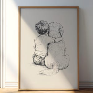Desenho de Golden Retriever e Menino para Quarto de Bebê, Arte para Quarto de Bebê com Cachorro, Pôster Retrô para Quarto Infantil, Arte de Esboço de Cachorro, Estampa de Cachorro Neutra, Decoração de Quarto de Menino