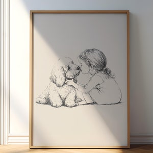 Goldendoodle with Girl Print, Dog Vintage Poster, Nursery Wall Art, Puppy Nursery Retro Drawing, Baby Room Decor, Goldendoodle Painting