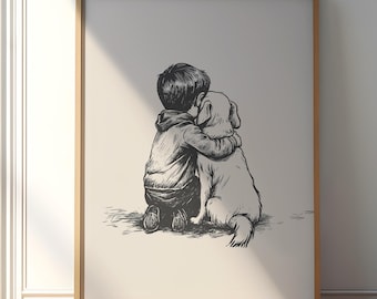 Vintage kinderkamer print, jongen en een hond print, hond kunst aan de muur, antiek vintage schilderij, boerderij decor, country art, hond tekening, hond kunst aan de muur