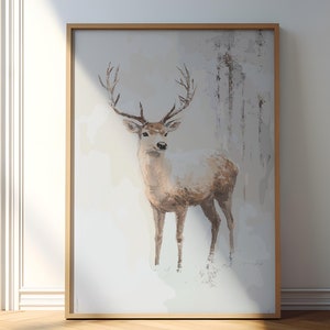 Impresión de ciervo, póster de reno navideño, decoración de pared de invierno, arte de granja, dibujo festivo navideño, descarga digital, decoración navideña imprimible