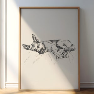 Sleeping German Shepherd Sketch, Dog Vintage Print, Dog Wall Decor, Antique Vintage Painting, Dog Drawing Art, German Shepherd Illustration