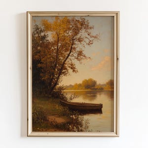 Stampa artistica di paesaggio autunnale, dipinto di fiume, decorazione autunnale stampabile, casa colonica di campagna, poster estetico per soggiorno, disegno da parete retrò