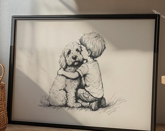 Goldendoodle en jongen kinderkamer kunst, poster puppy kinderkamer, hond babykamer vintage print, puppy schilderij, schets hond, retro tekening jongenskamer