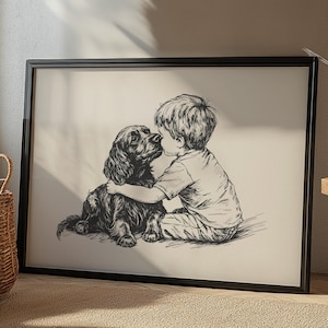 Impresión de guardería de cocker spaniel y niño, póster retro de cachorro, arte de guardería de cachorro, decoración de pared con boceto de perro, dibujo de perro neutro, arte de pared de perro