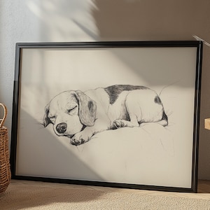 Arte de pared para guardería de bebé Beagle, póster de perro durmiendo para guardería, arte de Beagle para habitación de niño, decoración de pared de perro, impresión de perro para guardería de niña, boceto de Beagle
