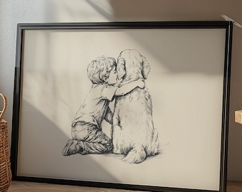 Golden Retriever and Boy Nursery Print, Dog Nursery Art, Kids Room Retro Poster, Dog Sketch Art, Neutral Dog Drawing, Boys Room Decor