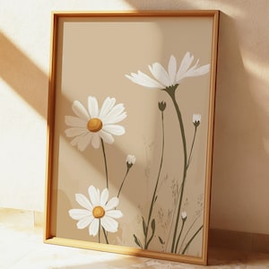 Illustration florale blanche beige, affiche murale marguerite, art mural neutre, impression de fleurs printanières, oeuvre d'art numérique imprimable, dessin de fleurs bohèmes