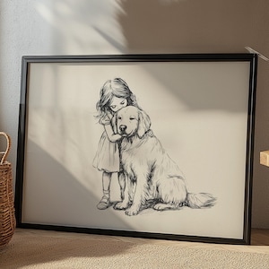 Girl and Golden Retriever Nursery Print, Dog Vintage Poster, Girls Nursery Art, Retro Dog Drawing, Dog Art Sketch, Baby Room Wall Decor