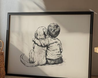 Kleine jongen met golden retriever puppy print, hond schets kunst, vintage kinderkamer poster, hond retro tekening, kinderkamer decor, jongens kinderkamer decor