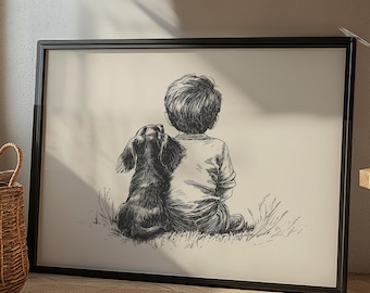 Print kinderkamerjongen en een teckel, hond vintage poster, retro schilderij, boerderij muur decor, land muurkunst, tekening huisdier, puppy kunst aan de muur