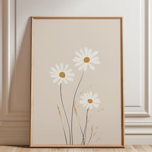 Art mural marguerite, art mural neutre, affiche de fleurs de printemps, illustration florale beige blanc, oeuvre d'art numérique imprimable, dessin de fleurs bohèmes